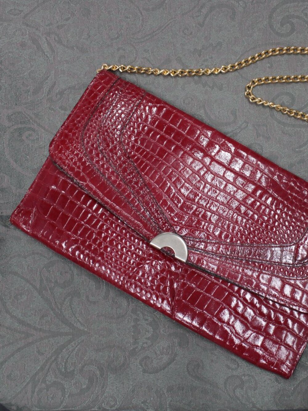 Vintage red croc embossed leather envelope clutch with mixed metals hardware